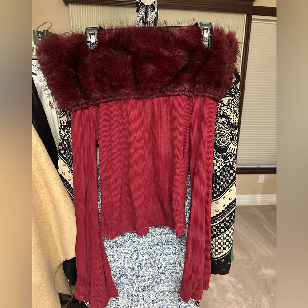 SHEIN red Burgundy Faux Fur Trim Blouse shirt top